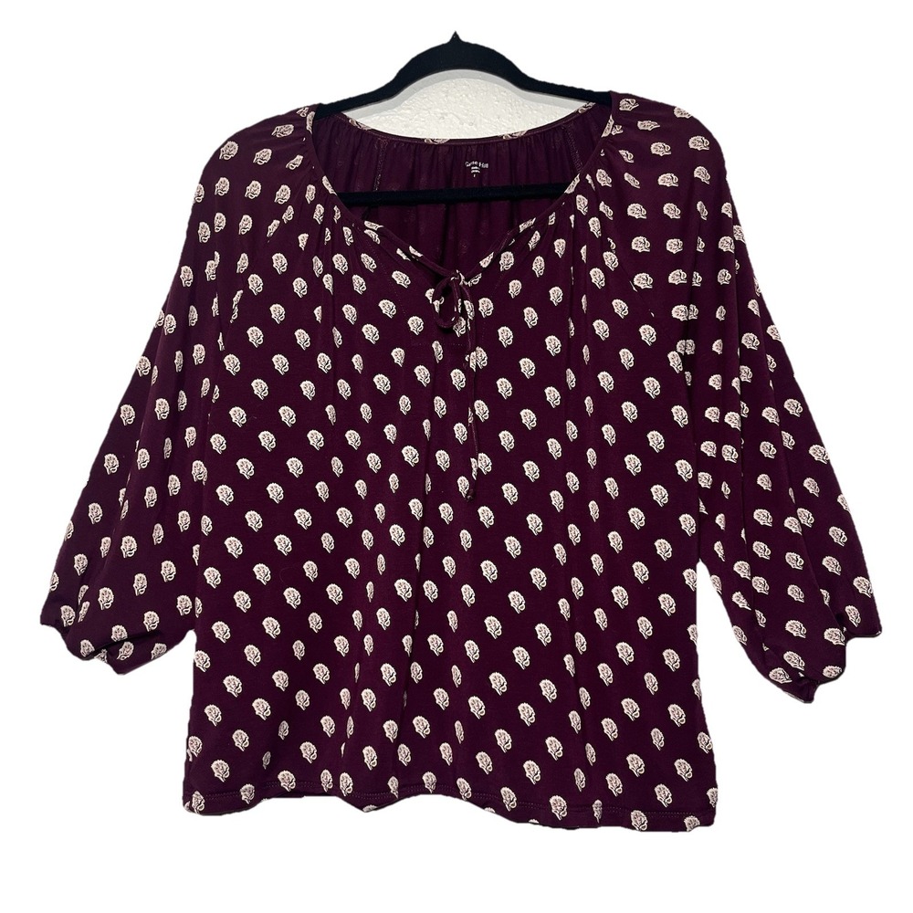 Garnet Hill Blouse Womens Burgundy‎ Tencel Floral Peasant Blouse Top Size L